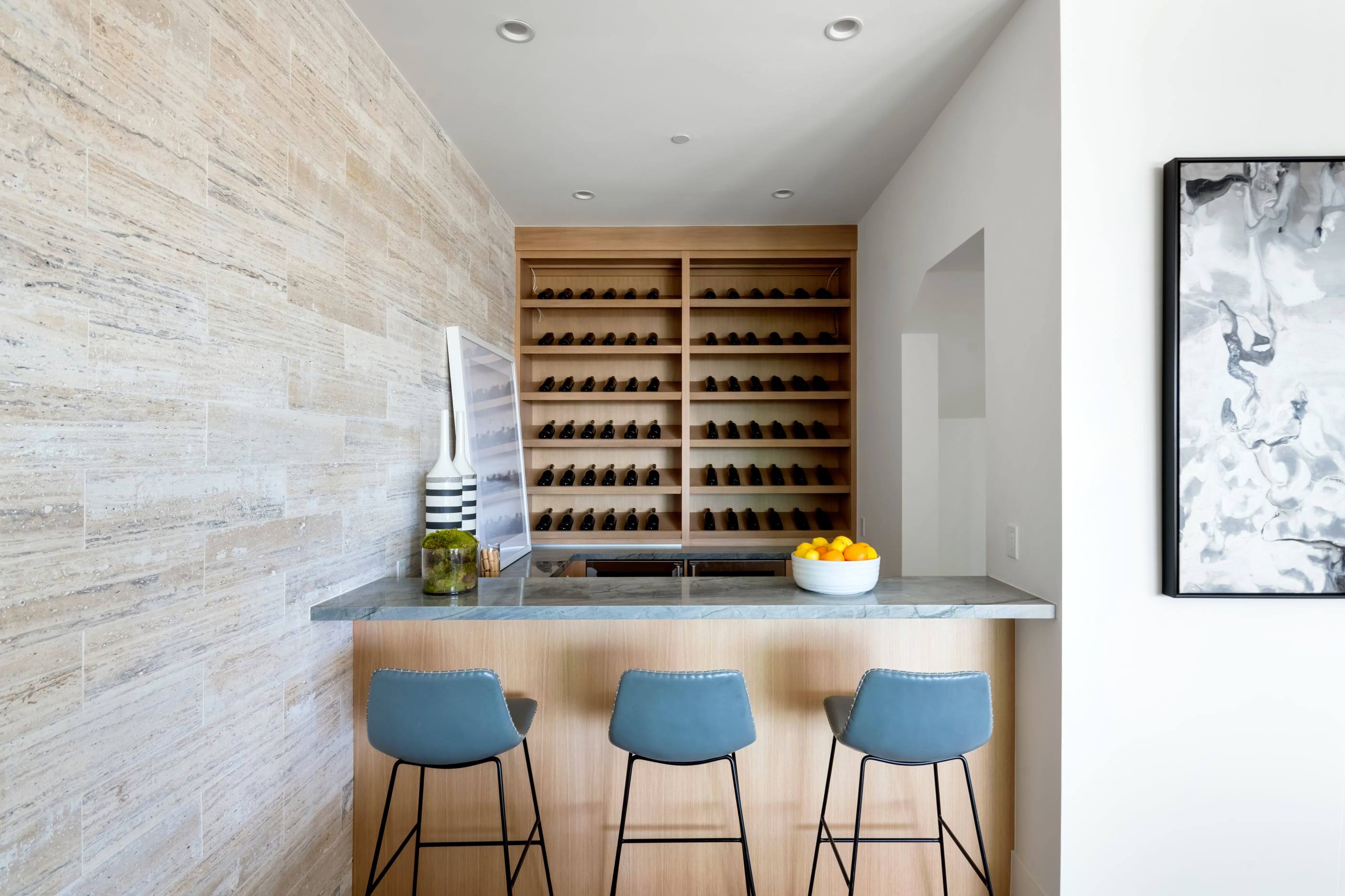 Bar with stacked travertine walls
